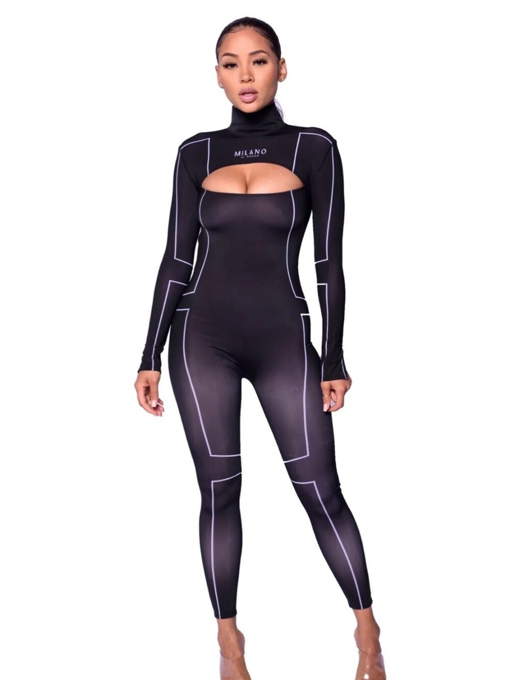 Milano Black Cutout Bodycon Jumpsuit with White Contrast Piping